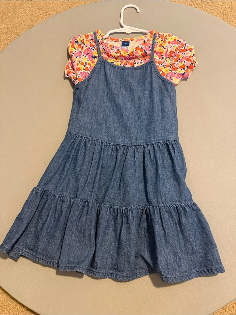 Denim Tiered Jumper Dress with Pink Floral Tee - Girls